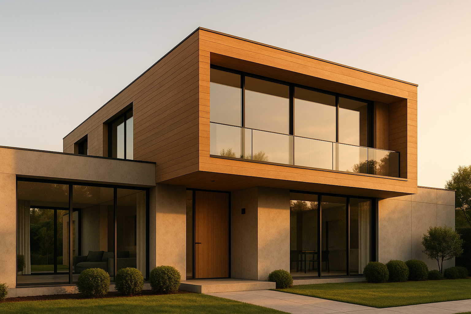 A minimalist, modern house at dusk, representing financial clarity and success.